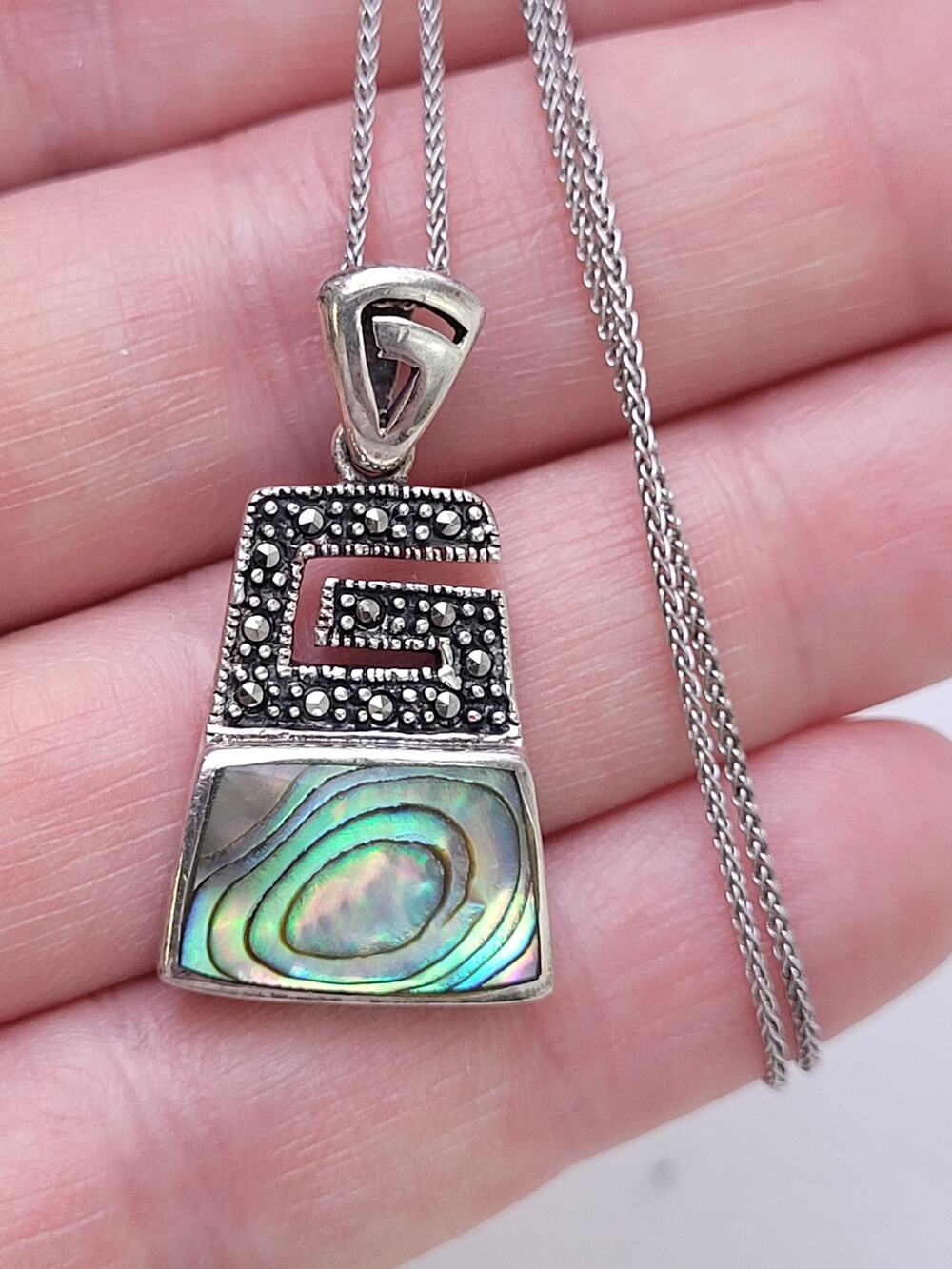 Sterling Silver Abalone Shell Black Marcasite 30mm Pendent Adjustable 925 Chain